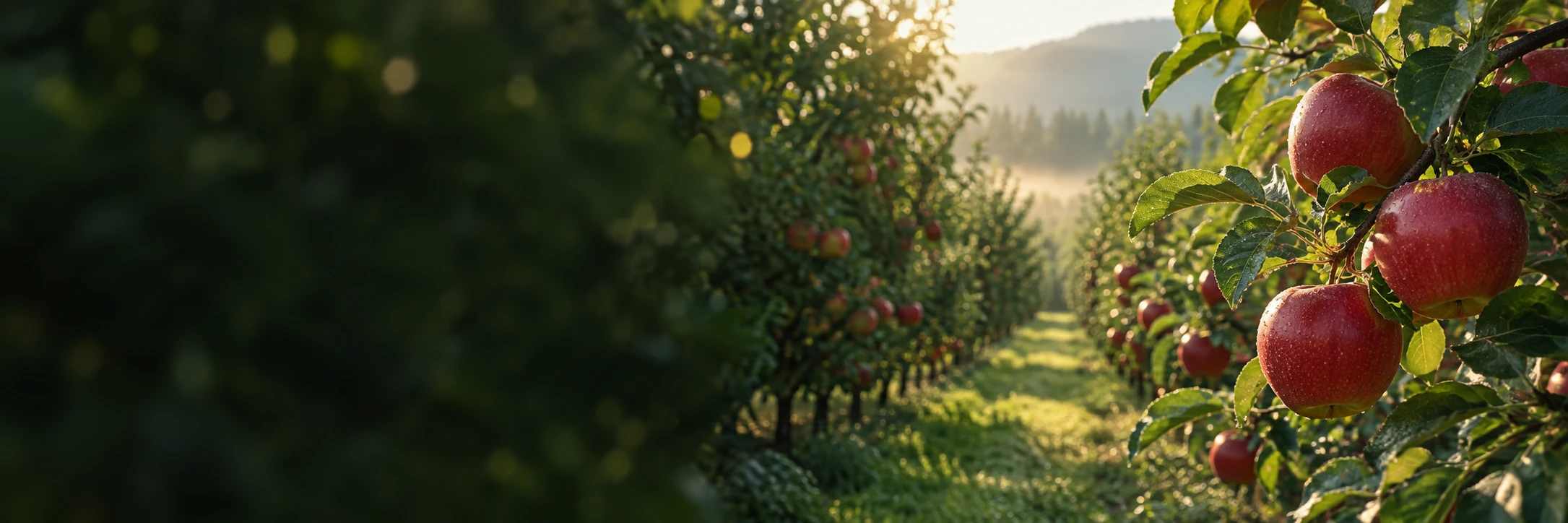 Conceptual apple orchard with fruit on leafy branches