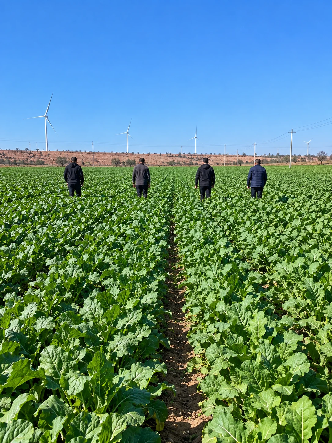 Team walking through a vegetable field