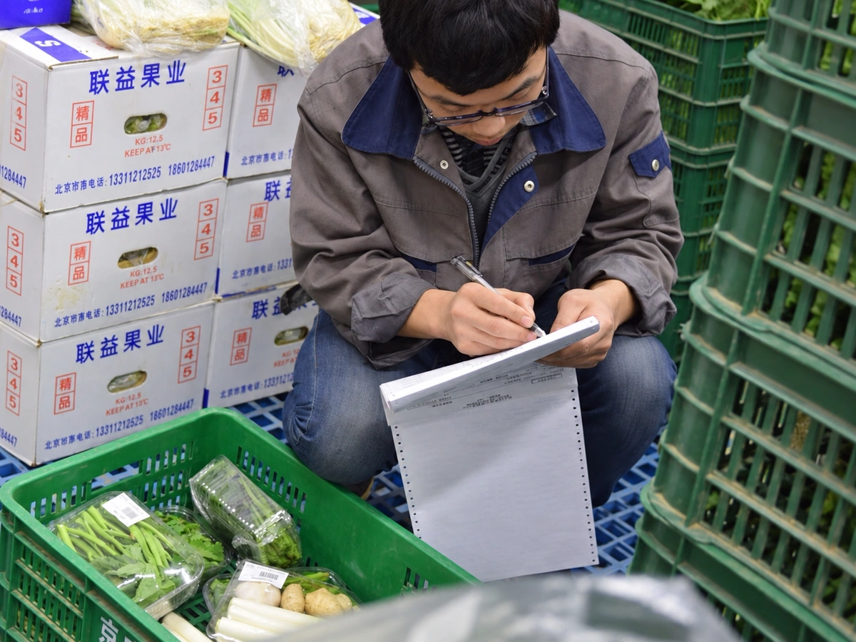 Reference photograph: worker writing on a produce inventory document