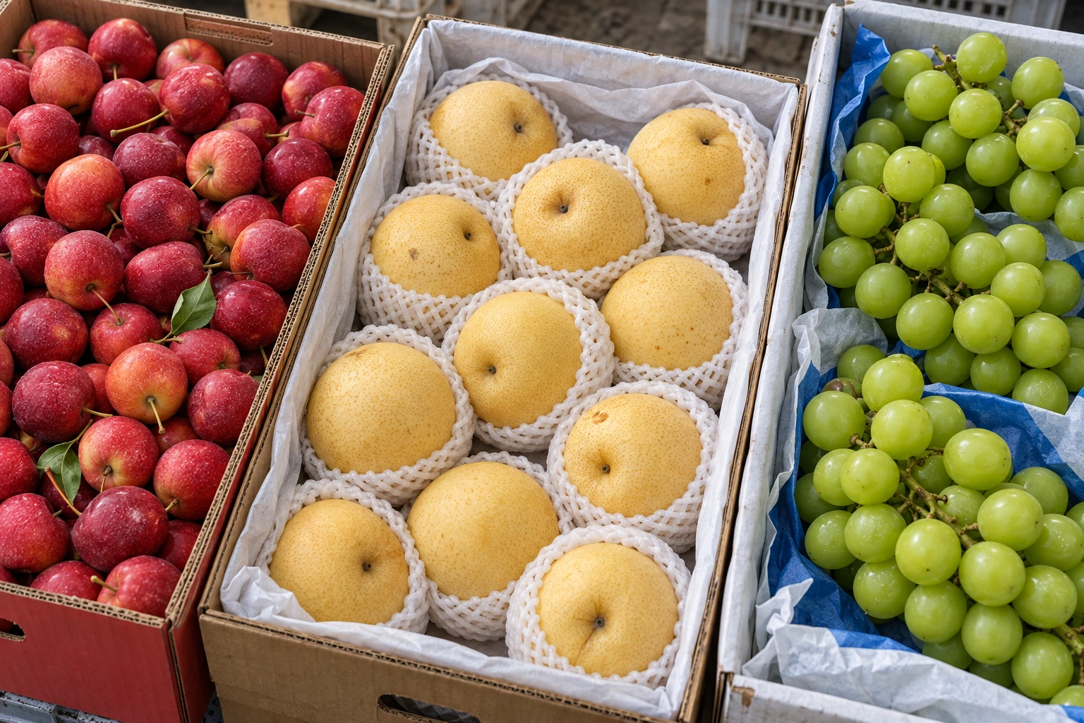 Apples, pears and grapes arranged in produce cartons