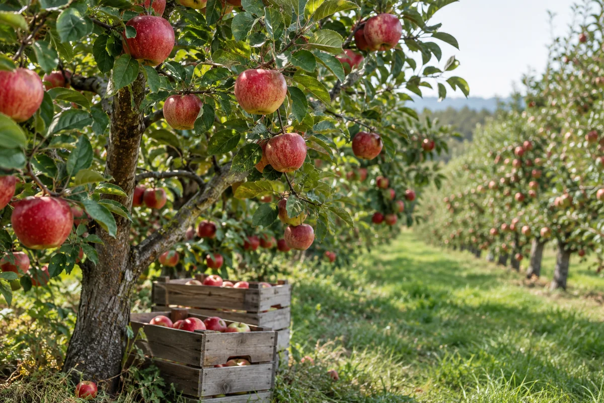 Illustrative apple orchard with fruit on branches and harvest crates