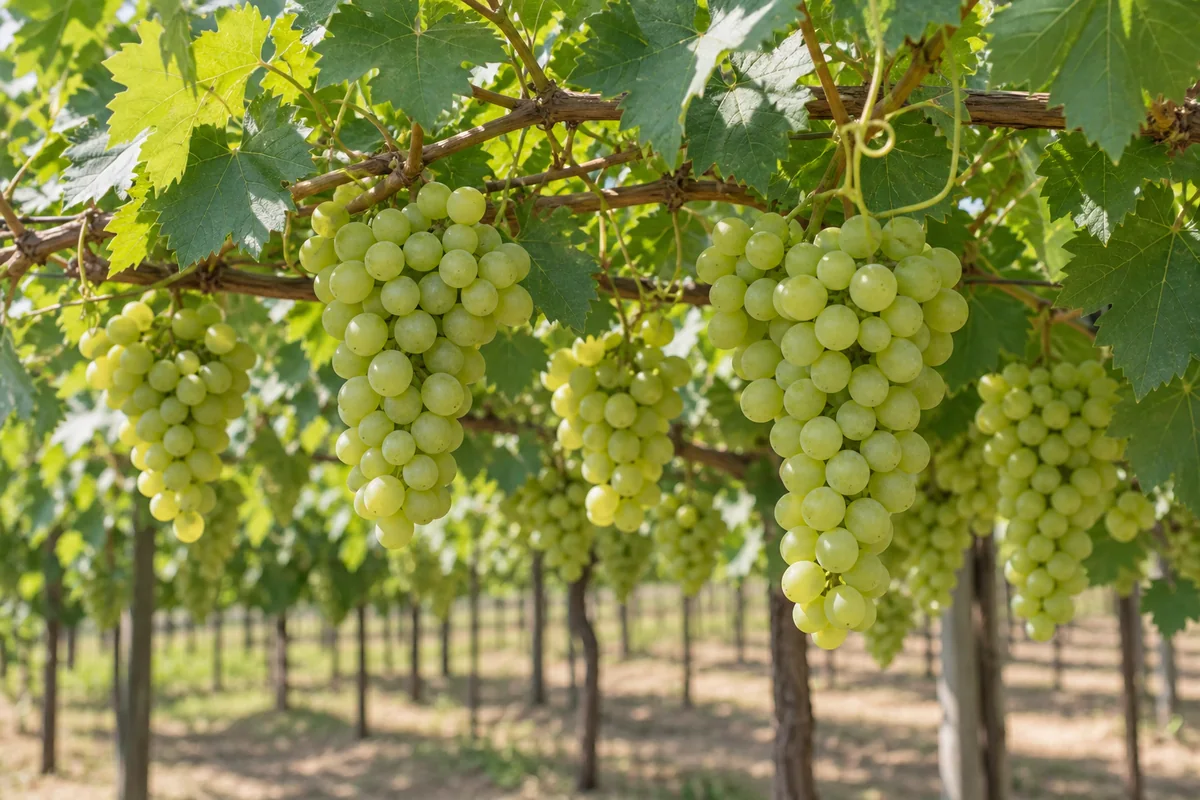 Illustrative table grape bunches growing on trellised vines