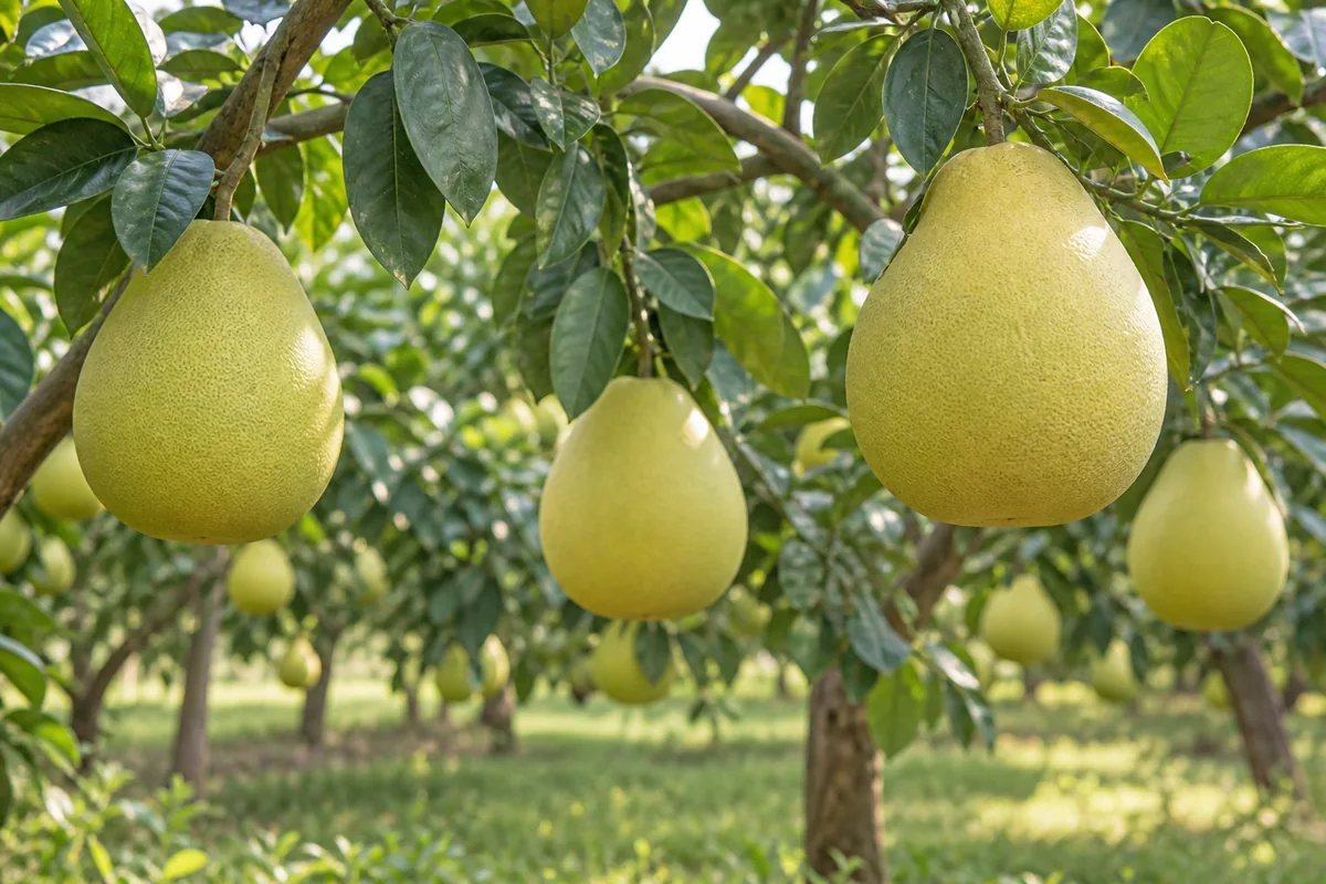 Illustrative pomelos hanging from leafy tree branches