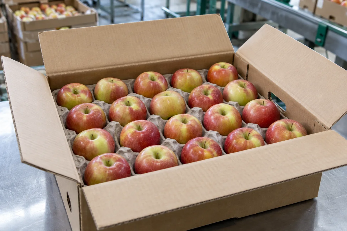 Illustrative apples arranged in protective trays inside an open carton