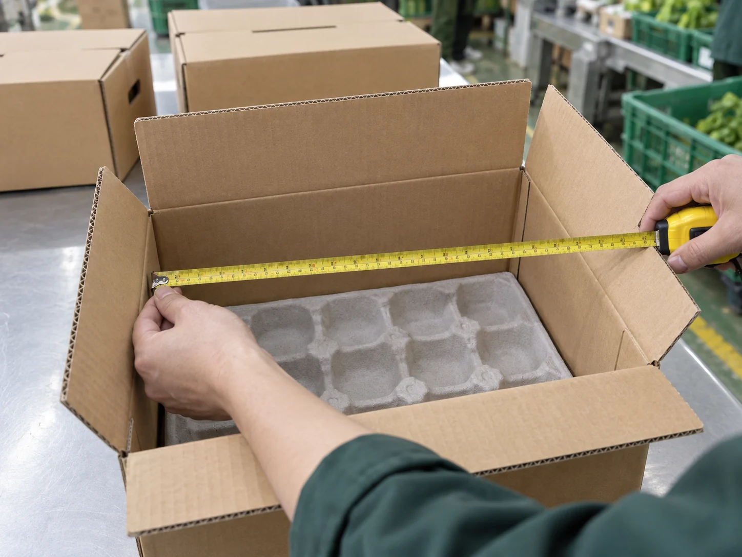 Illustrative close-up of a fruit carton being measured